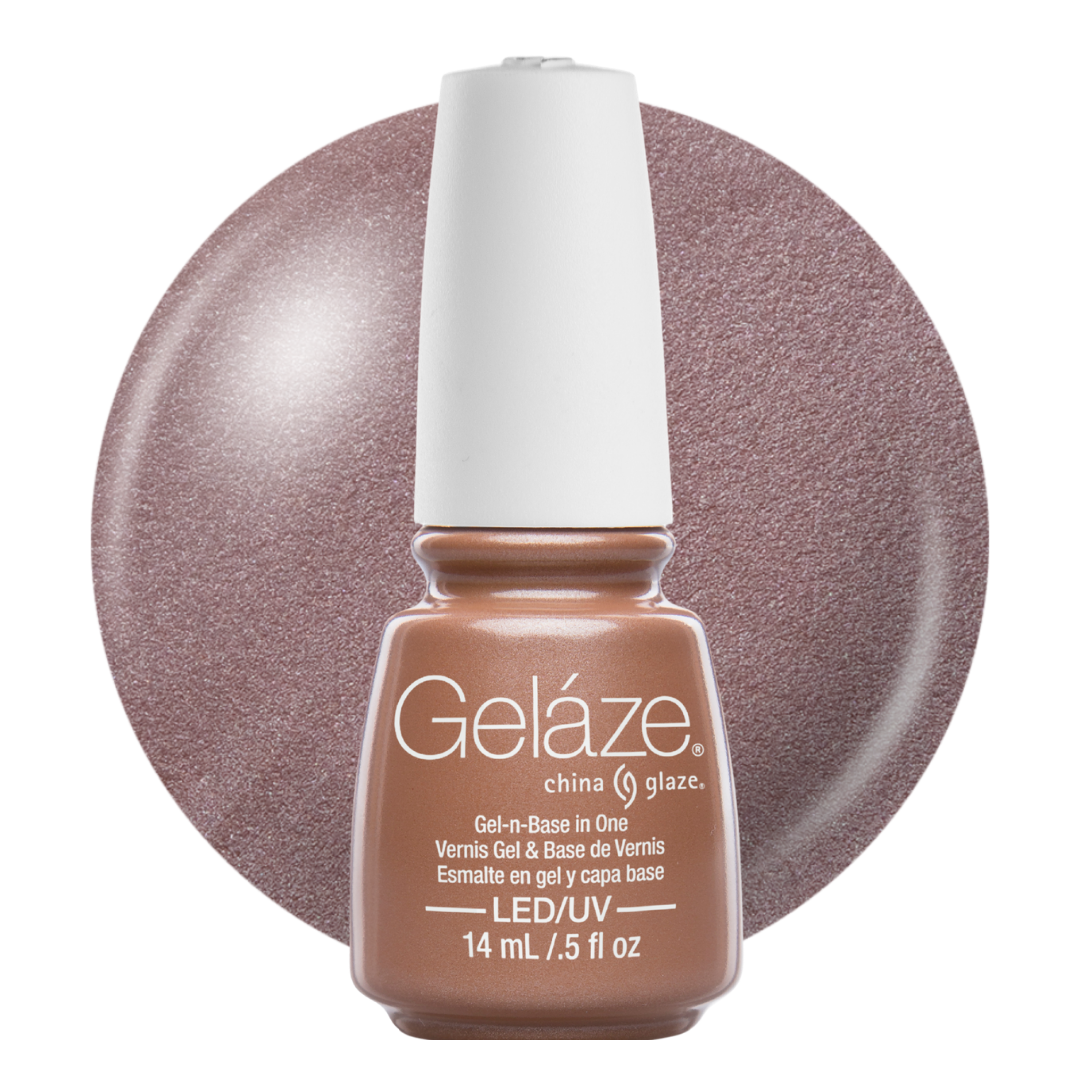 A bottle of Geláze China Glaze gel nail base, shown in front of a matching circular swatch of the shimmering taupe-brown color on a white background.