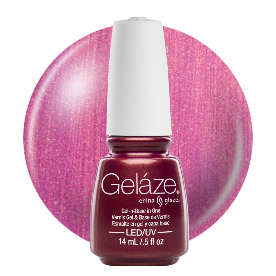 A bottle of Geláze nail polish in a shimmer deep berry red shade, featuring a deep berry red color with a white cap, set against a glittery pink circular swatch on a white background.