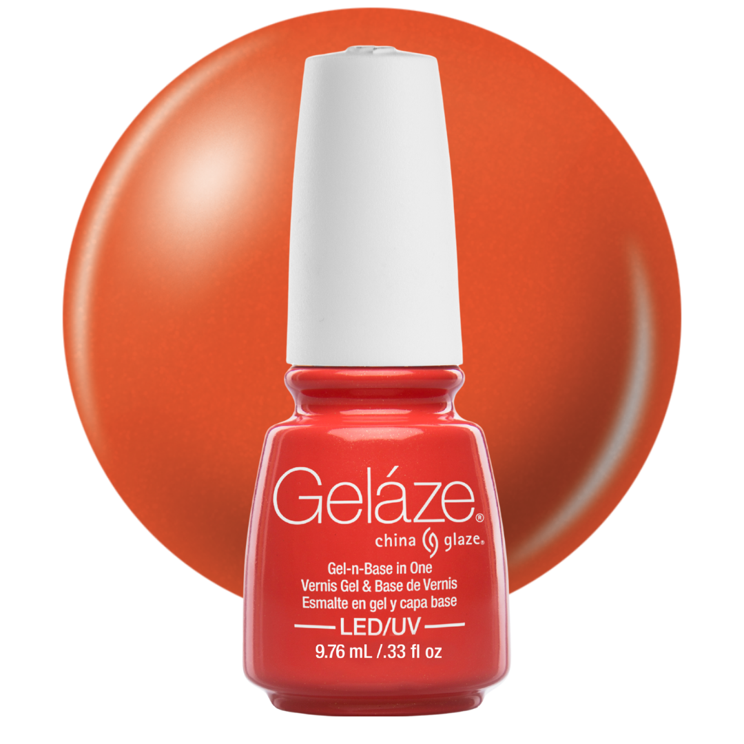 A bottle of Geláze China Glaze nail polish in a warm orange-red shade shown in front of a large circular color swatch of the same warm orange-red polish on a white background.