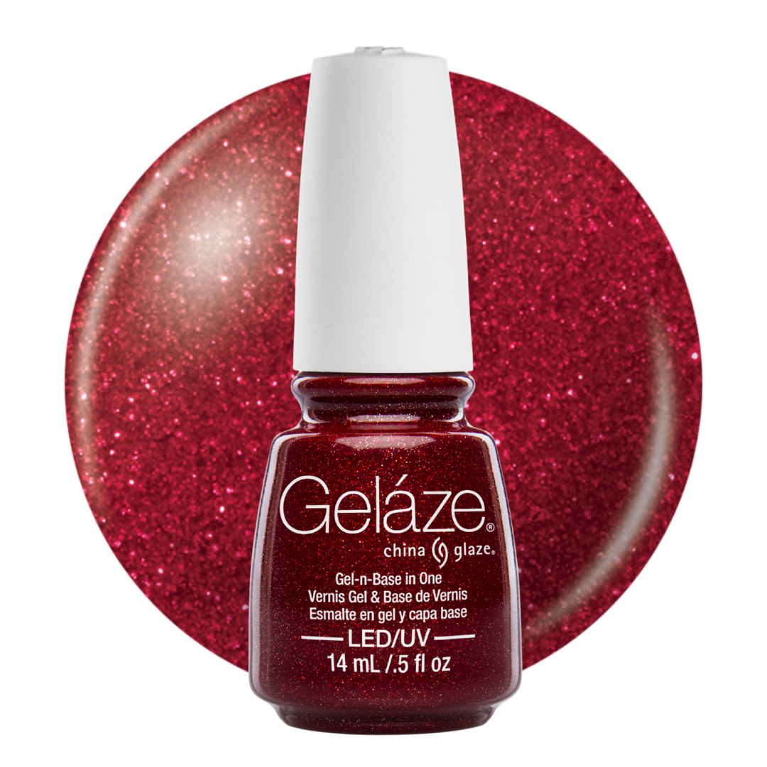 A bottle of Geláze China Glaze gel nail polish in a sparkling deep red shade, shown in front of a matching circular swatch on a white background.
