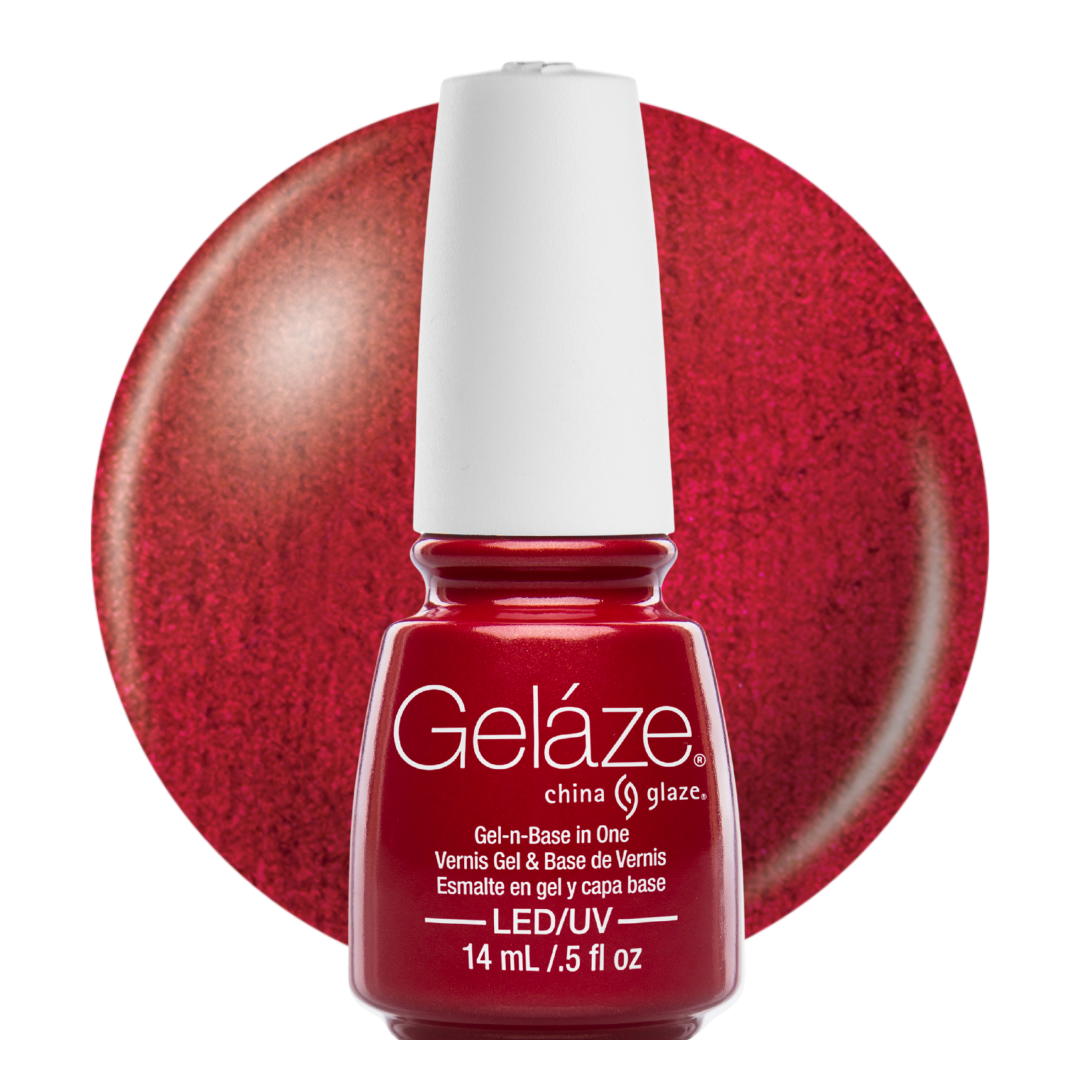 A bottle of Geláze China Glaze gel nail polish in a deep glittery red shade, shown in front of a matching circular swatch on a white background.