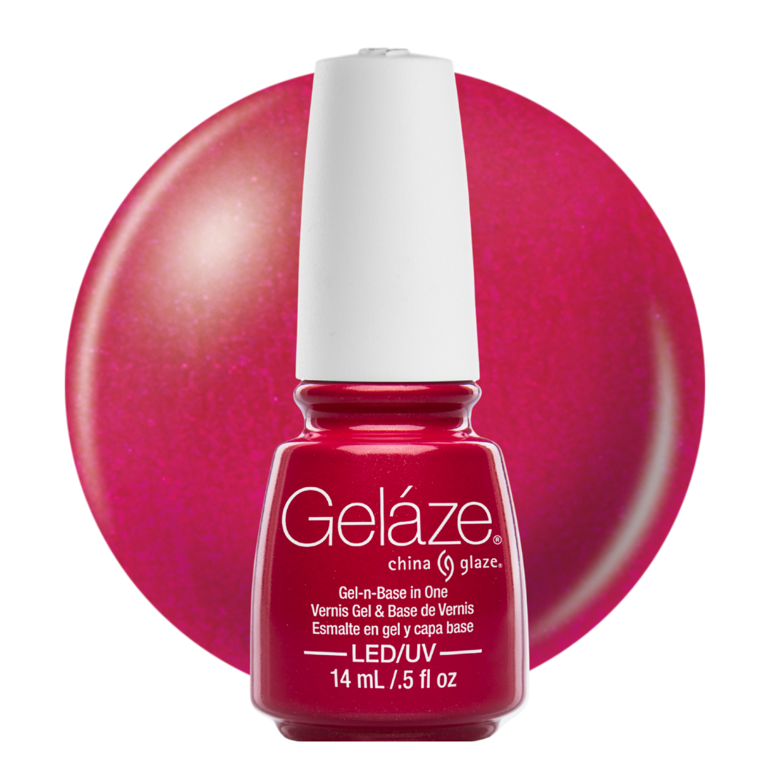 A bottle of Geláze China glaze gel nail polish in a vibrant magenta-pink shade, shown in front of a matching circular color swatch on a white background.