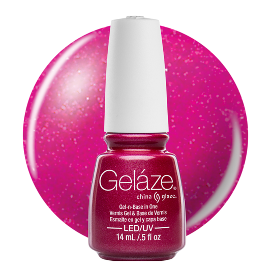 A bottle of Geláze nail polish in a bright sparkly magenta-pink shade, shown against a matching circular swatch on a white background.