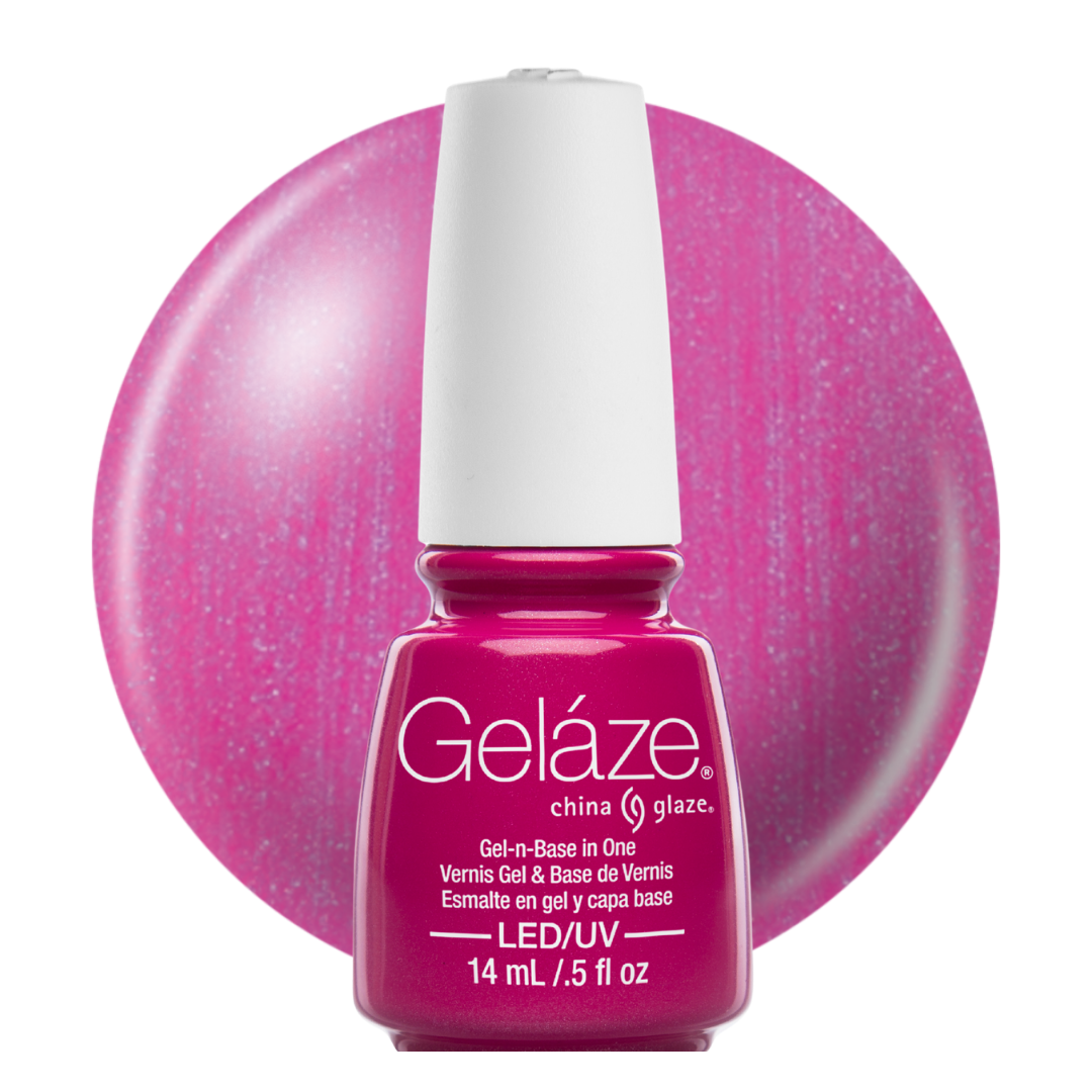 A bottle of Geláze China Glaze gel nail base in shimmering bright pink, shown in front of a matching pink glitter swatch on a white background.