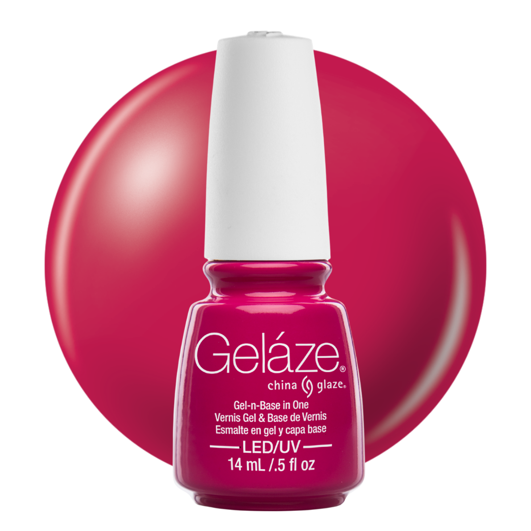 A bottle of Geláze China Glaze LED gel nail polish, shown in front of a matching magenta-pink circular color swatch on a white background.