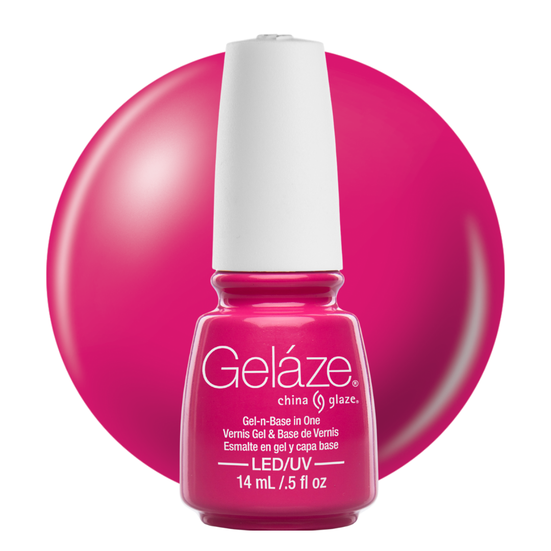 A bottle of Geláze China Glaze nail polish, shown against a bright pink circular background swatch. The bottle is filled with the magenta-pink polish and has a white cap.
