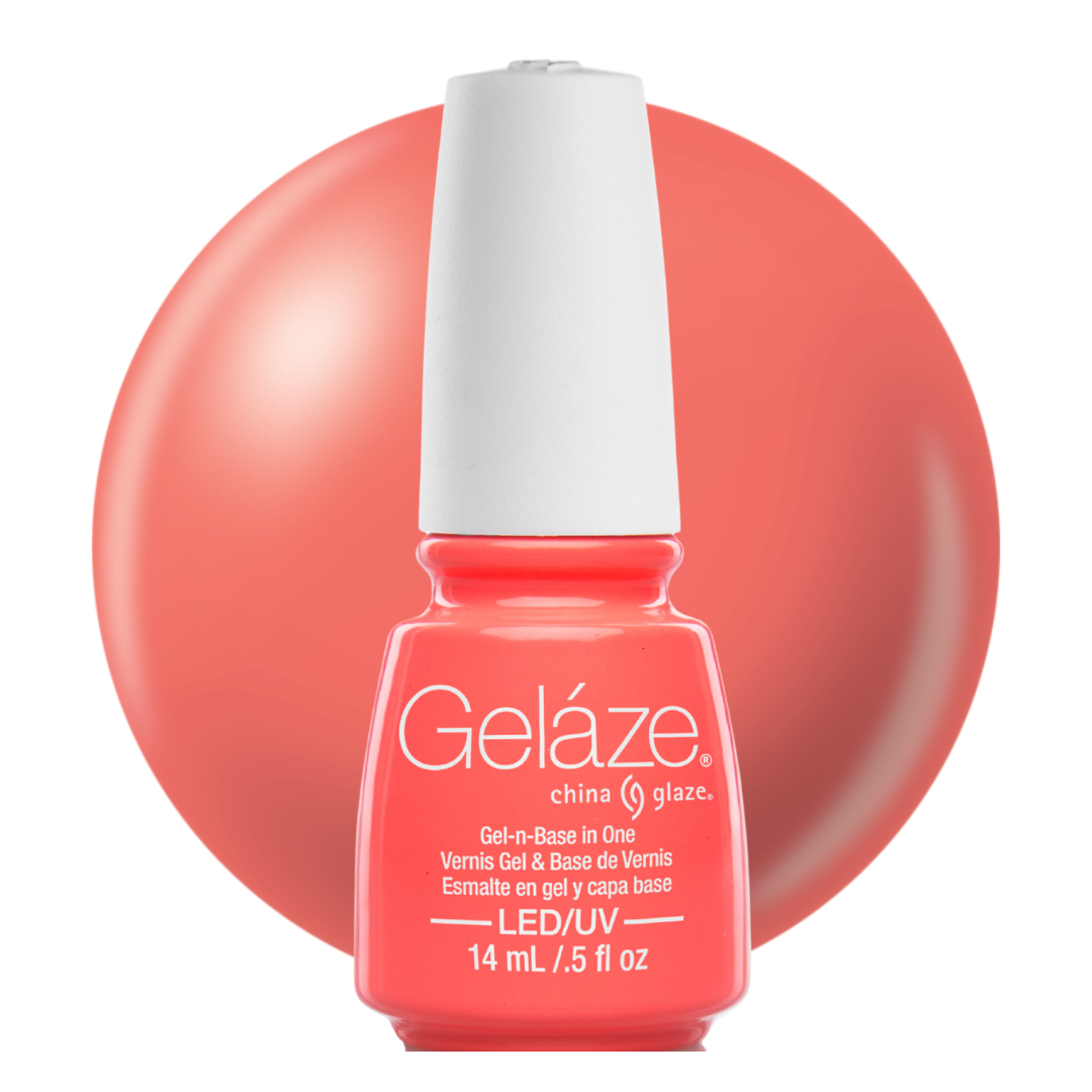 A bottle of Geláze China Glaze nail gel in a bright peach, shown in front of a large matching coral-pink circular swatch on a white background.