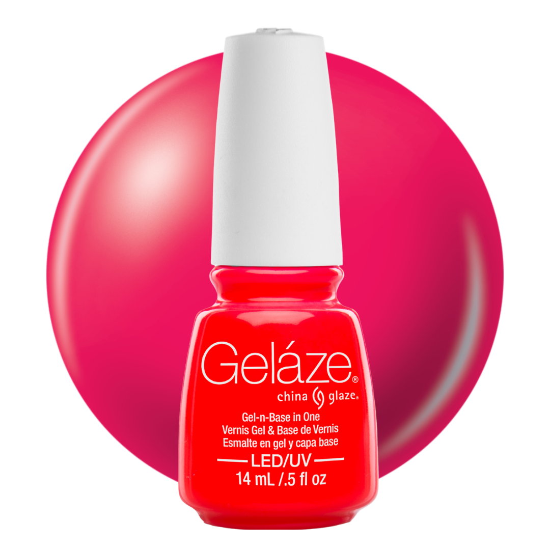 A bottle of Geláze nail polish in a bright pink-red shade, shown in front of a large matching red circular color swatch on a white background.