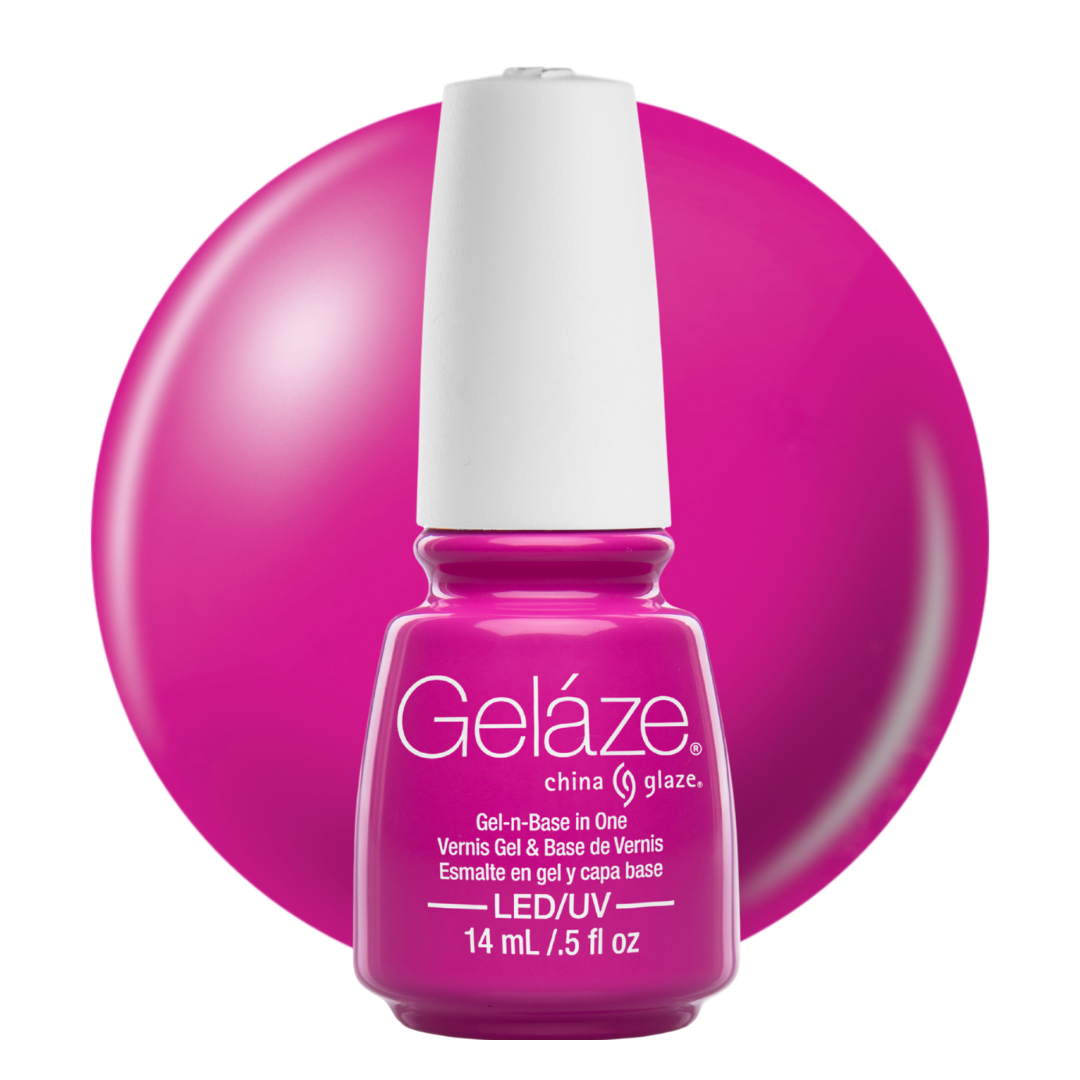 A bottle of Geláze China Glaze LED gel nail polish in a vibrant magenta-pink shade, shown against a matching circular color swatch on a white background.