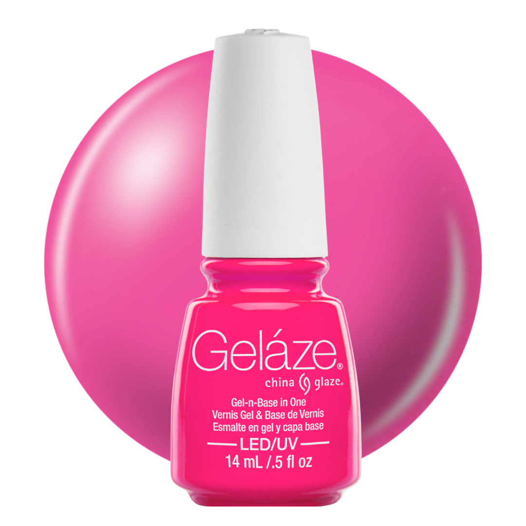 A bottle of Geláze China Glaze nail polish base in a vibrant hot pink shade, shown against a matching hot pink circular background on a white studio backdrop.