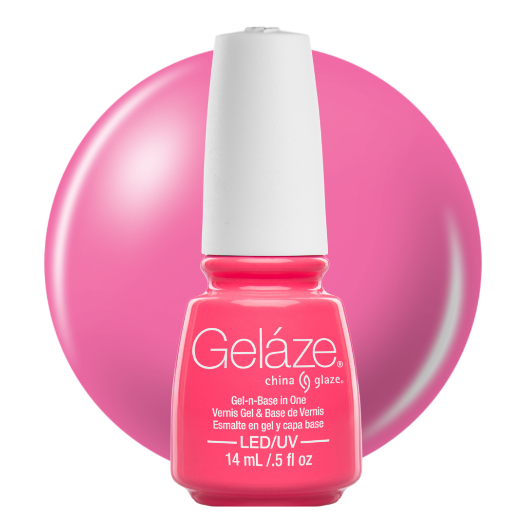 A bottle of Geláze China Glaze gel nail polish in a bright hot pink shade, shown against a matching hot pink circular background on a white studio backdrop.