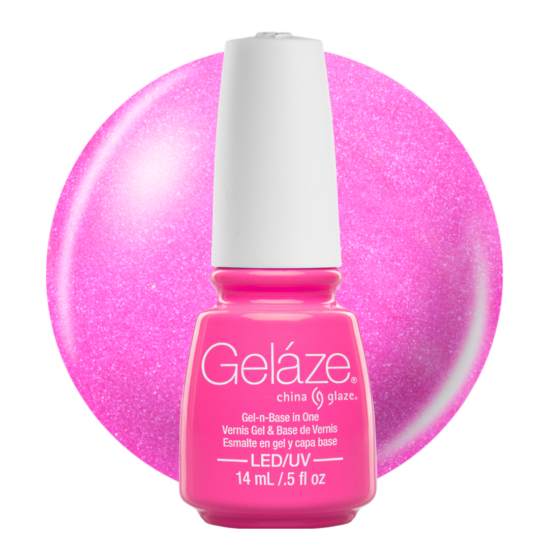 A bottle of Geláze China Glaze nail polish in a vibrant pink shade, shown in front of a large glittery pink circular swatch on a white background.