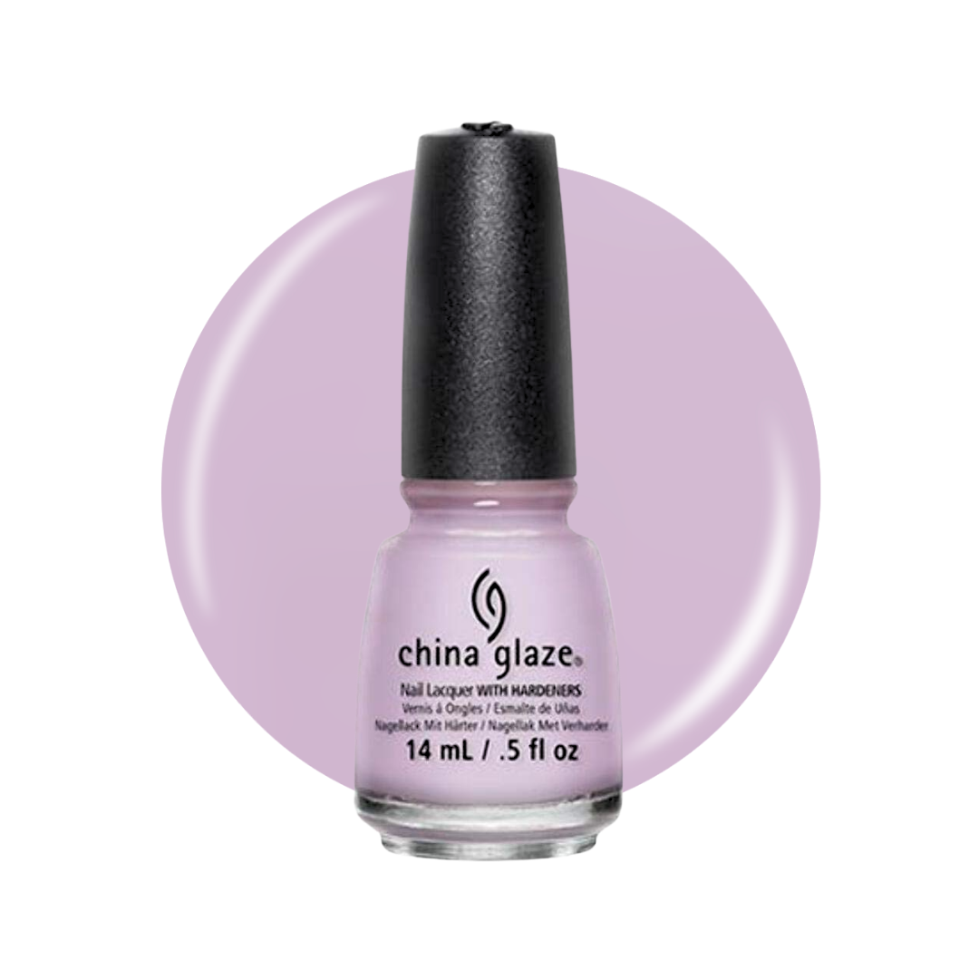 A bottle of China Glaze nail polish in a light lavender shade, shown against a matching lavender circular background on a white studio background.