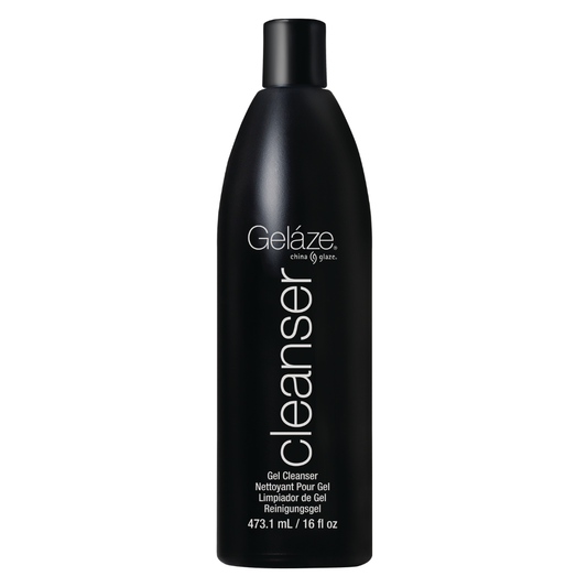 A black bottle of Gelàze Cleanser gel cleanser, 473.1 mL / 16 fl oz, on a plain white background.