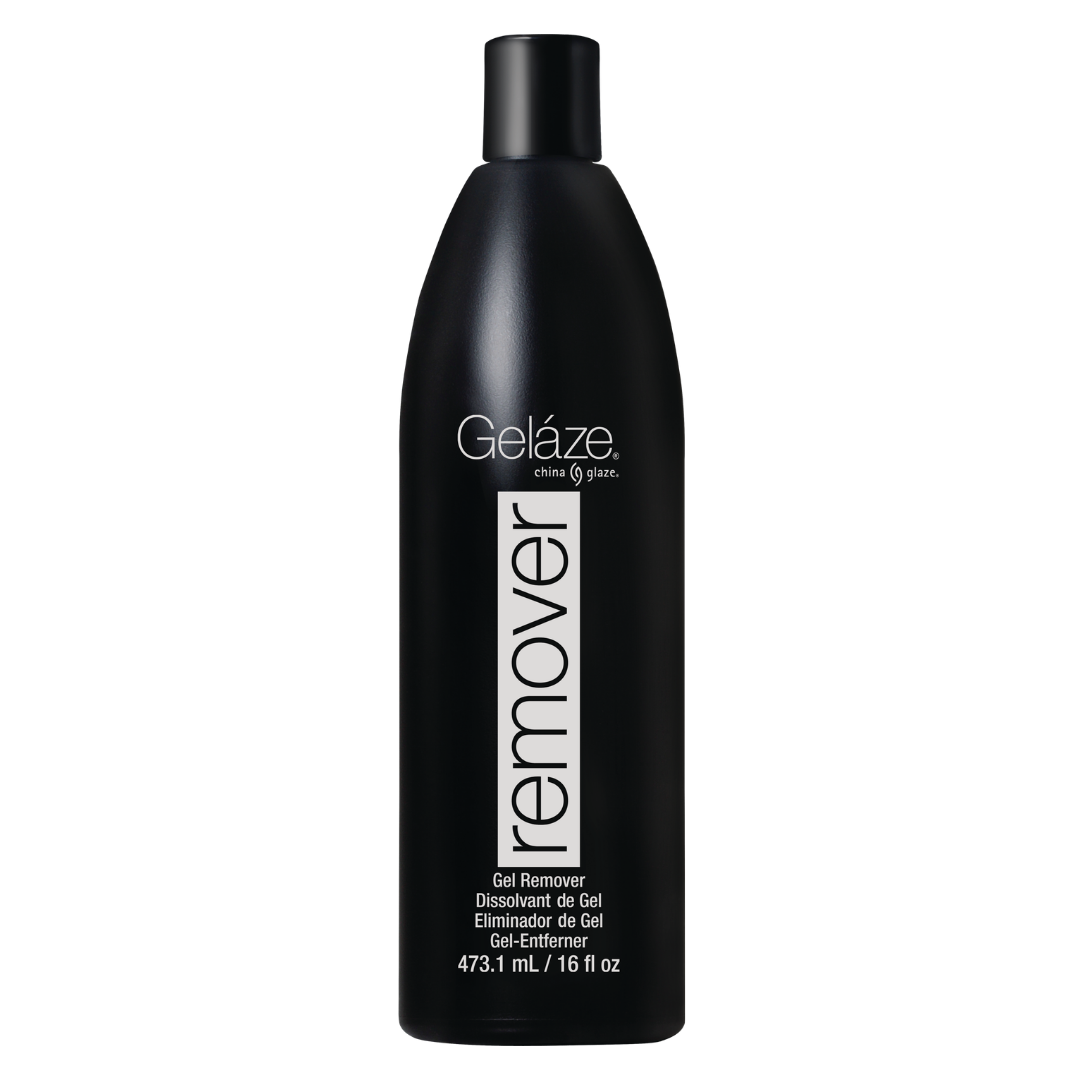 A black bottle of Gelàze Remover gel remover, 473.1 mL / 16 fl oz, on a plain white background.