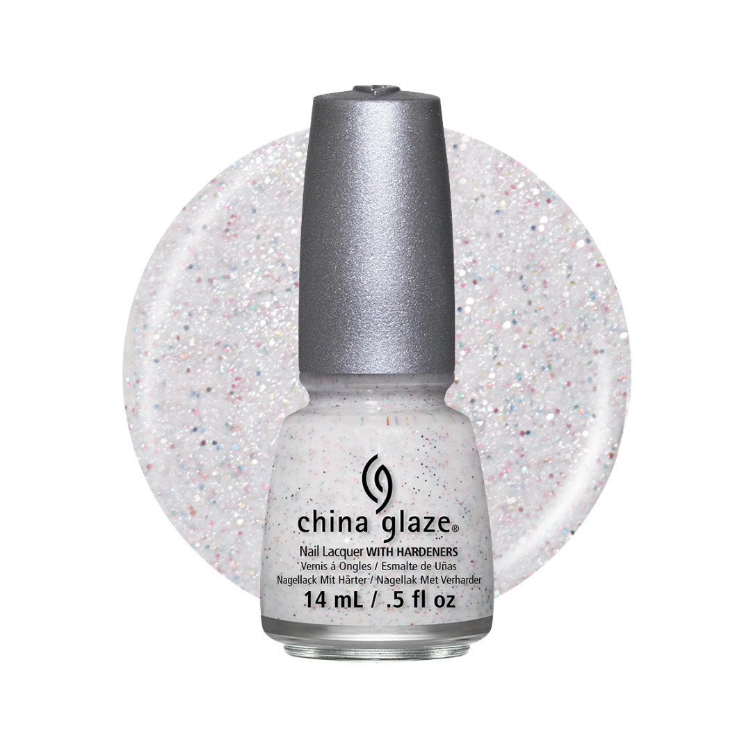 A bottle of China Glaze Nail Lacquer with Hardeners in a light silver-white shade with fine multicolor glitter, shown against a white background with a circular swatch of the glitter polish.