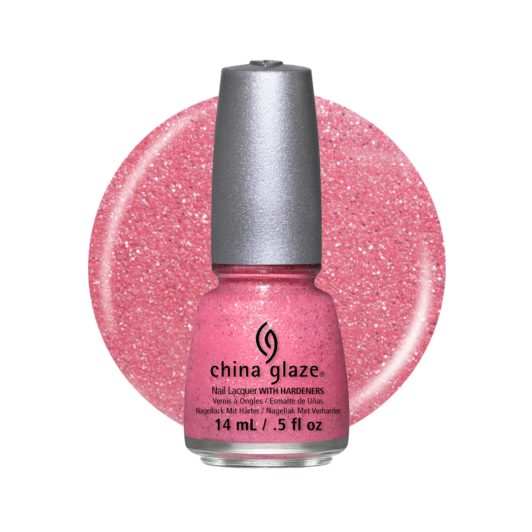 A bottle of China Glaze nail polish with a silver cap, shown in front of a circular pink glitter swatch on a white background.