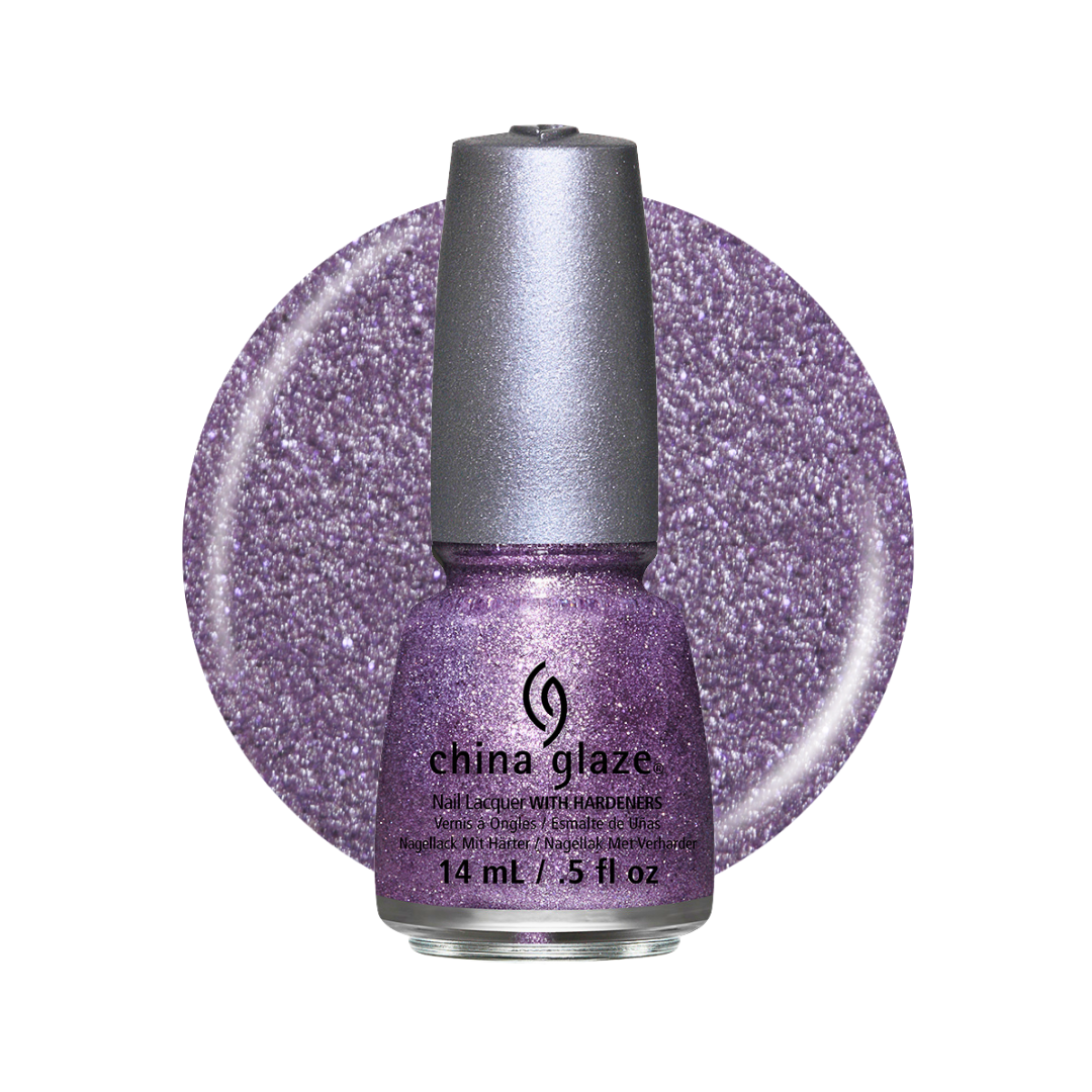 A bottle of China Glaze nail polish in a sparkling lavender-purple shade, shown in front of a circular glitter swatch of the same color on a white background.