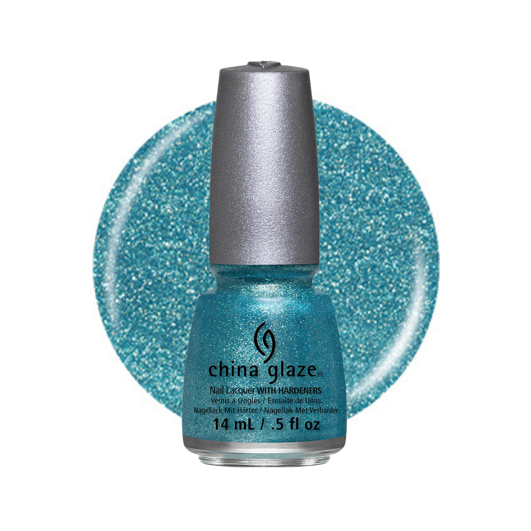 A bottle of China Glaze nail polish in a sparkling teal-blue shade, shown in front of a matching glitter swatch circle on a white background.