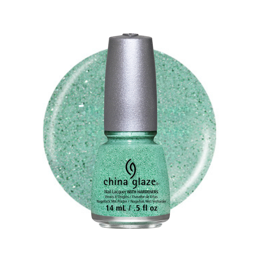 A bottle of China Glaze nail polish with hardeners in a sparkling mint green shade, shown in front of a matching circular color swatch on a white background.
