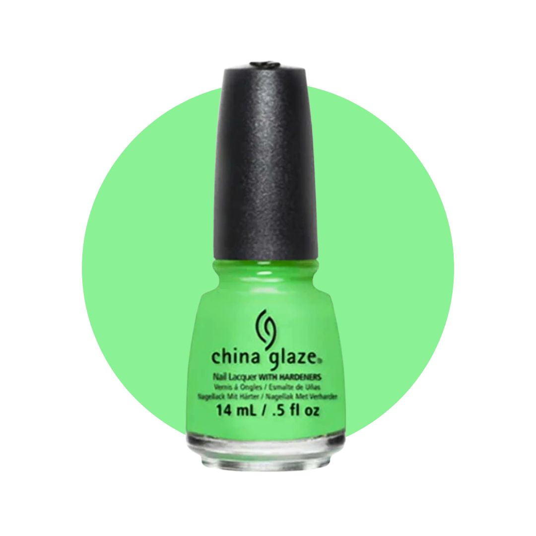 A bottle of China Glaze nail polish in a bright lime green shade, set against a solid light green circular background on a white canvas.