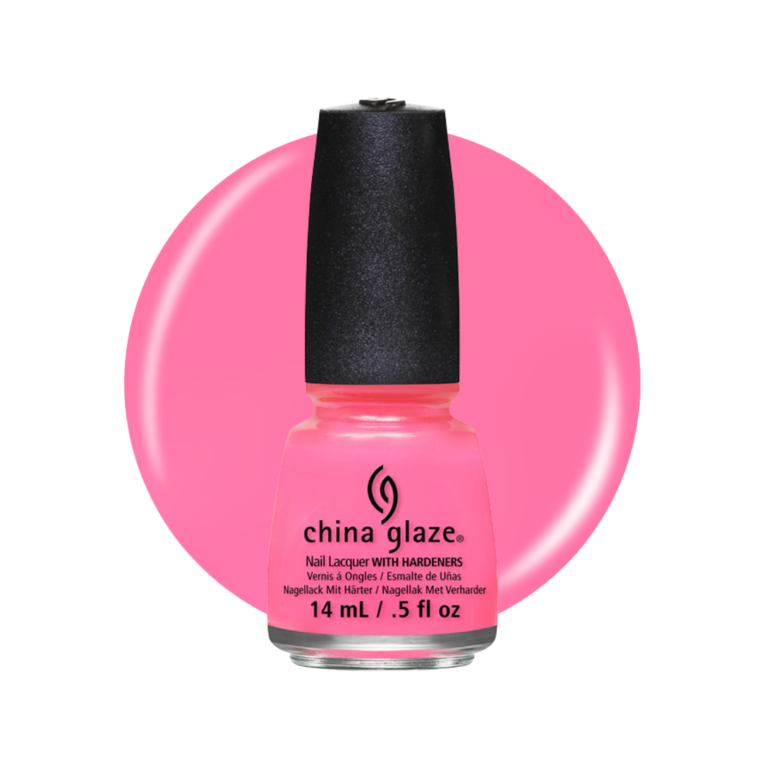 A bottle of China Glaze nail polish with hardeners in a bright pink shade, shown against a white background with a matching pink circular color swatch behind it.