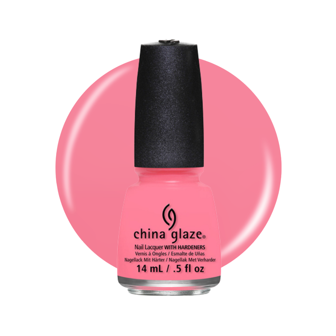 A bottle of China Glaze nail polish in a bright pink shade, shown against a white background with a large matching pink color circle behind it.