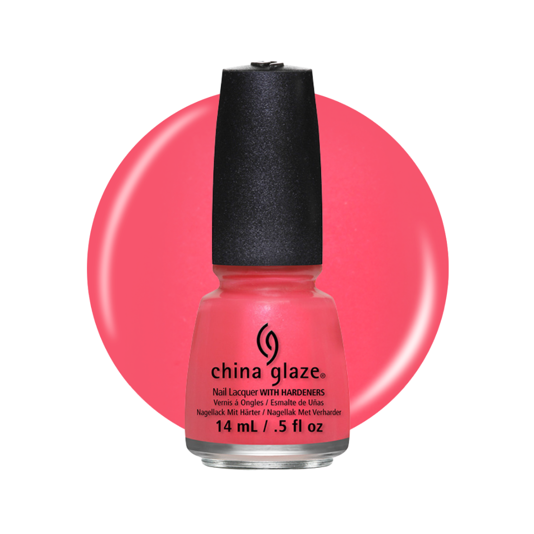 A bottle of China Glaze nail polish in a bright coral pink shade, shown against a white background with a large matching pink color swatch behind it.