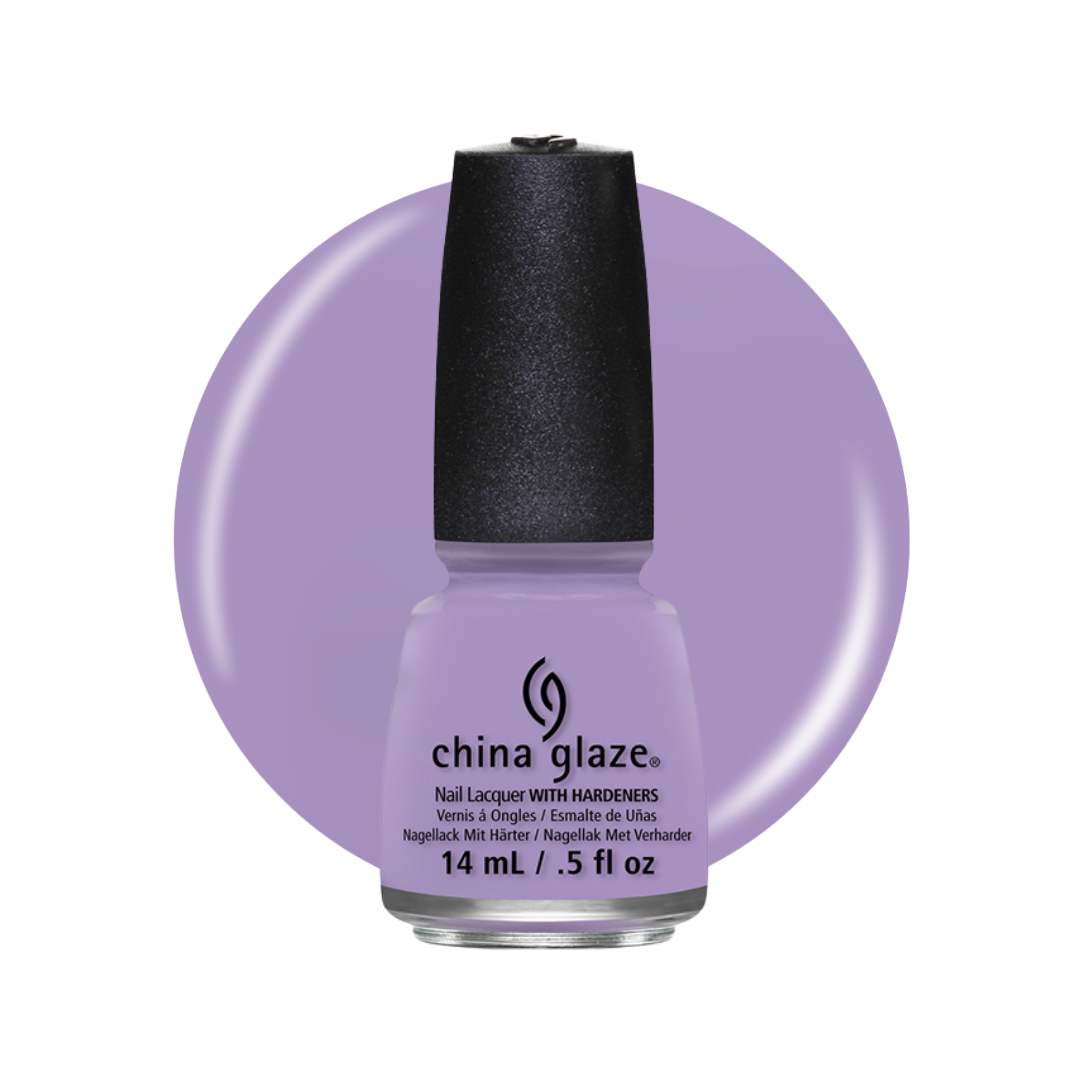 A bottle of China Glaze nail polish with hardeners in a light lavender purple shade, shown against a white background with a large matching lavender circular color swatch behind it.