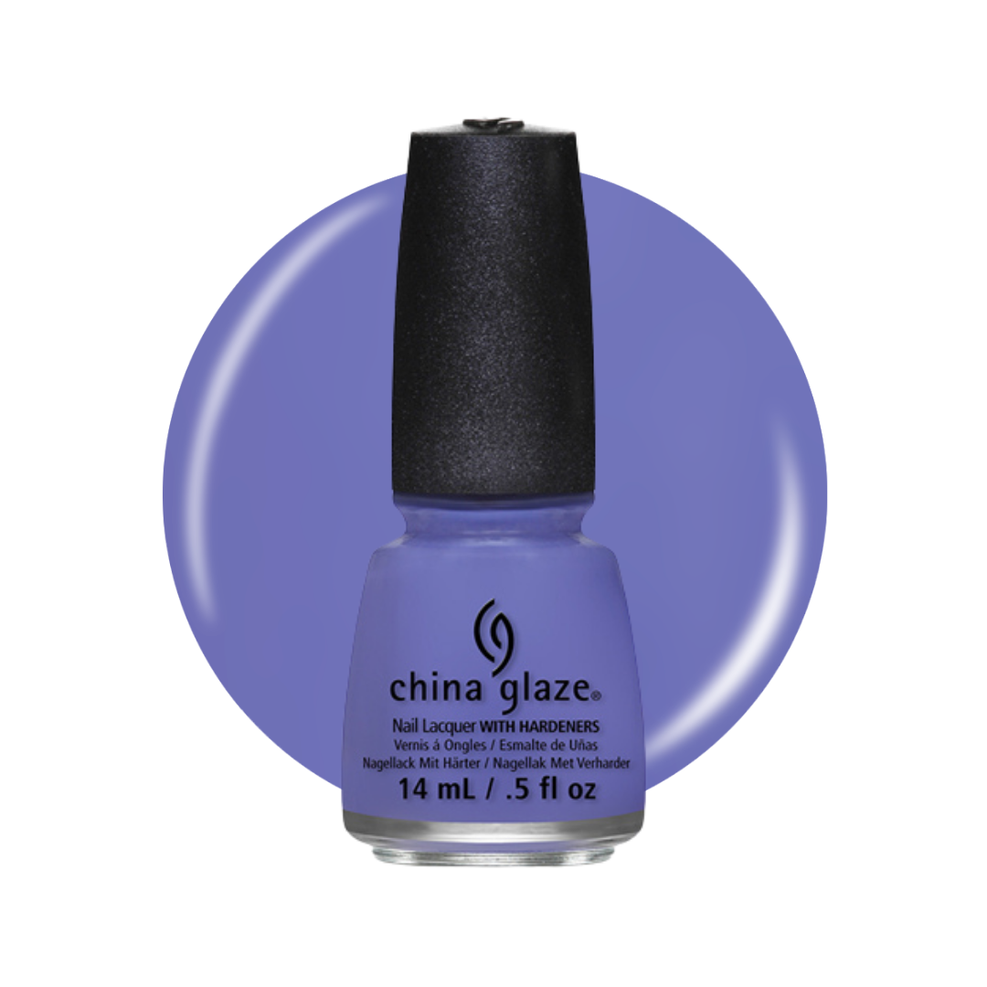 A bottle of China Glaze nail polish in a periwinkle purple shade, shown against a matching purple circular swatch on a white background.