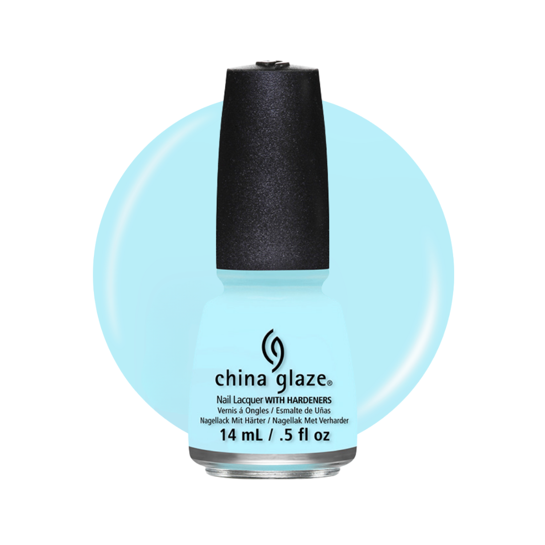 A bottle of China Glaze nail polish with hardeners in a light pastel blue color with a black cap, set against a white background with a matching light blue circular graphic.