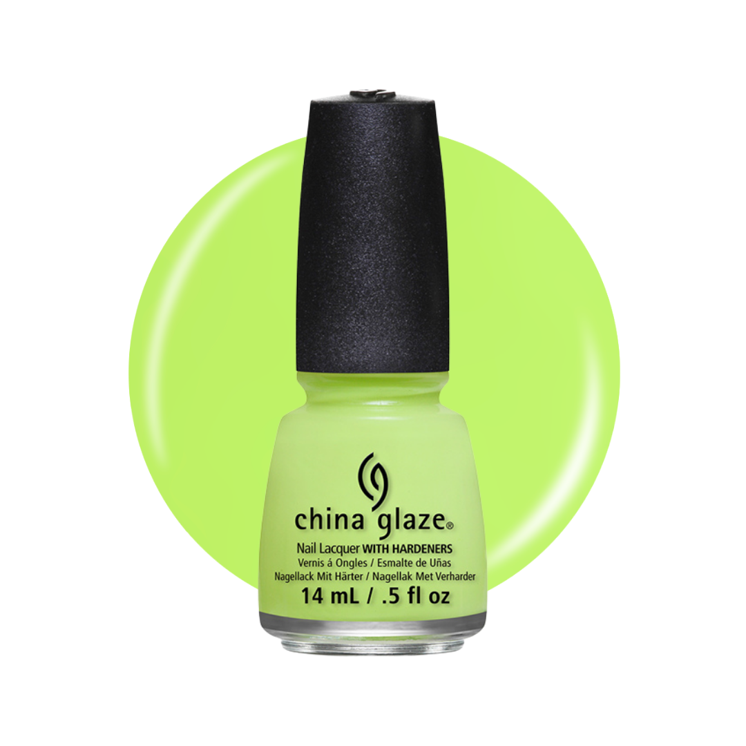 A bottle of China Glaze nail polish in a bright lime green shade, shown against a white background with a matching lime green circular color swatch behind it.