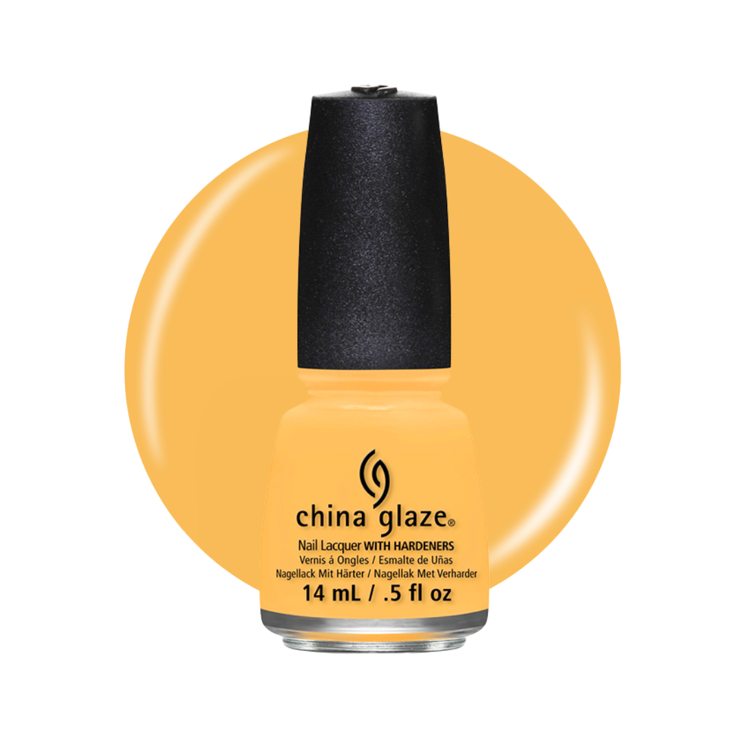 A bottle of China Glaze nail polish with hardeners in a warm golden yellow shade, set against a matching yellow circular graphic on a white background.