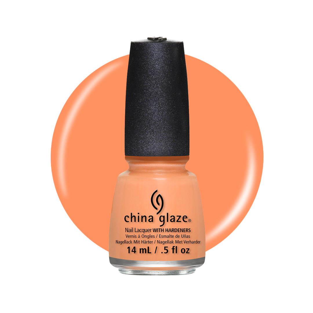 A bottle of China Glaze nail polish in a warm peach-orange shade, set against a matching peach-orange circular color swatch on a white background.