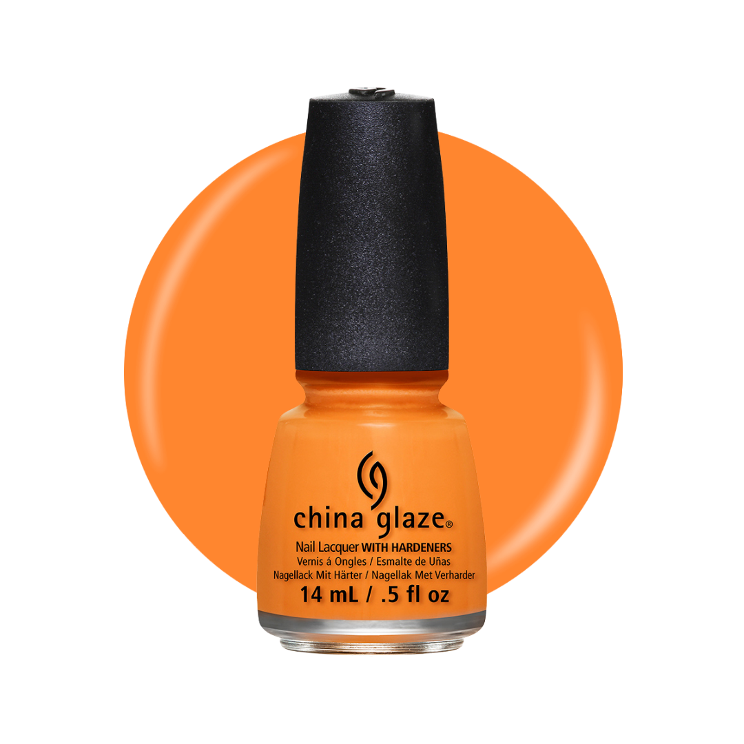A bottle of China Glaze nail polish in a bright orange shade, shown against a white background with a matching orange circular color swatch behind it.