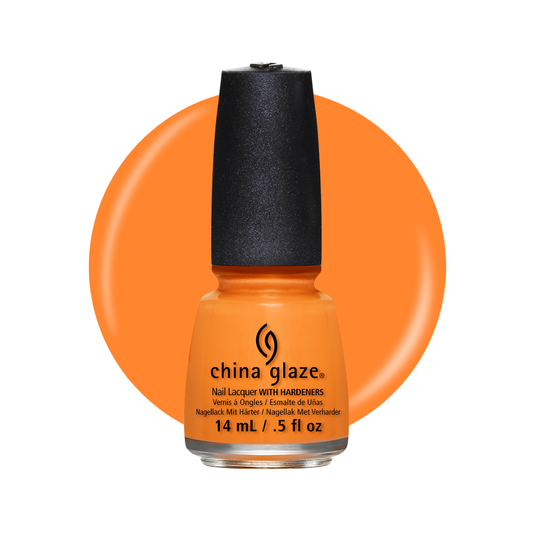 A bottle of China Glaze nail polish in a bright orange shade, shown against a white background with a matching orange circular color swatch behind it.
