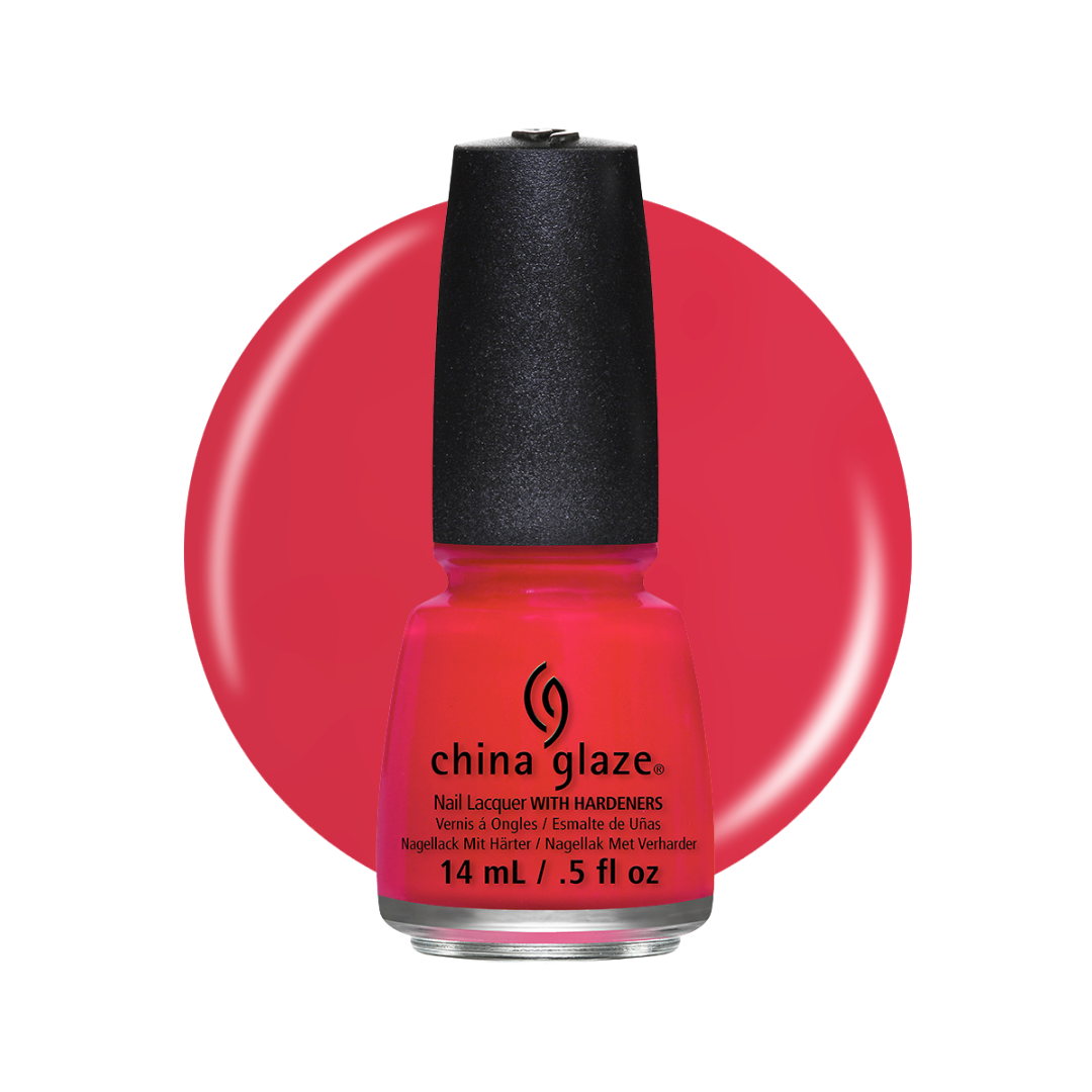 A bottle of China Glaze nail polish in a bright coral-pink shade, shown against a white background with a large matching circular color swatch behind it.