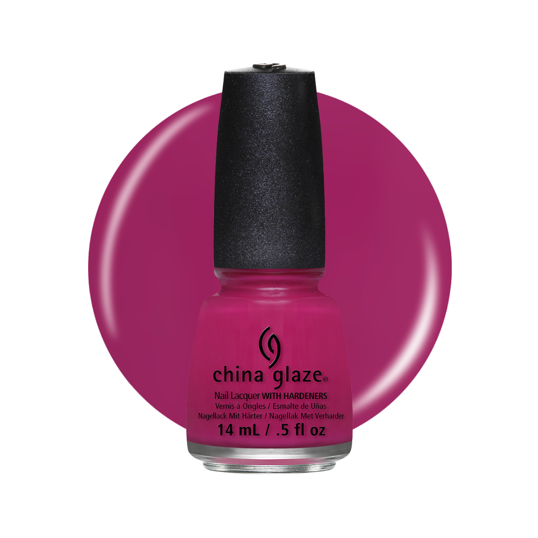 A bottle of China Glaze nail polish in a bright magenta-pink shade, shown against a white background with a large matching circular color swatch behind it.