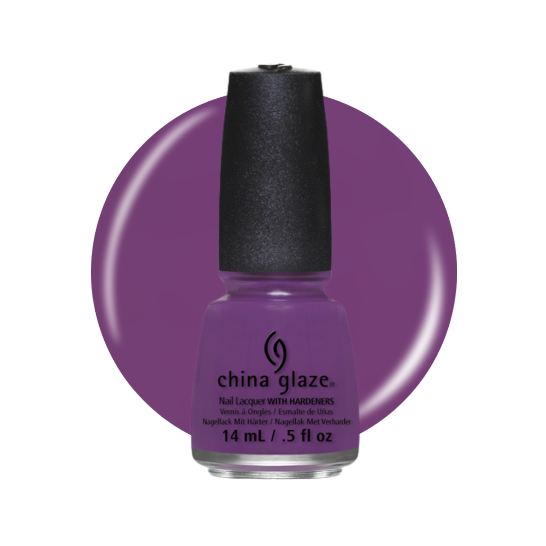A bottle of China Glaze nail polish in a medium purple shade, shown against a white background with a large matching purple color swatch circle behind it.