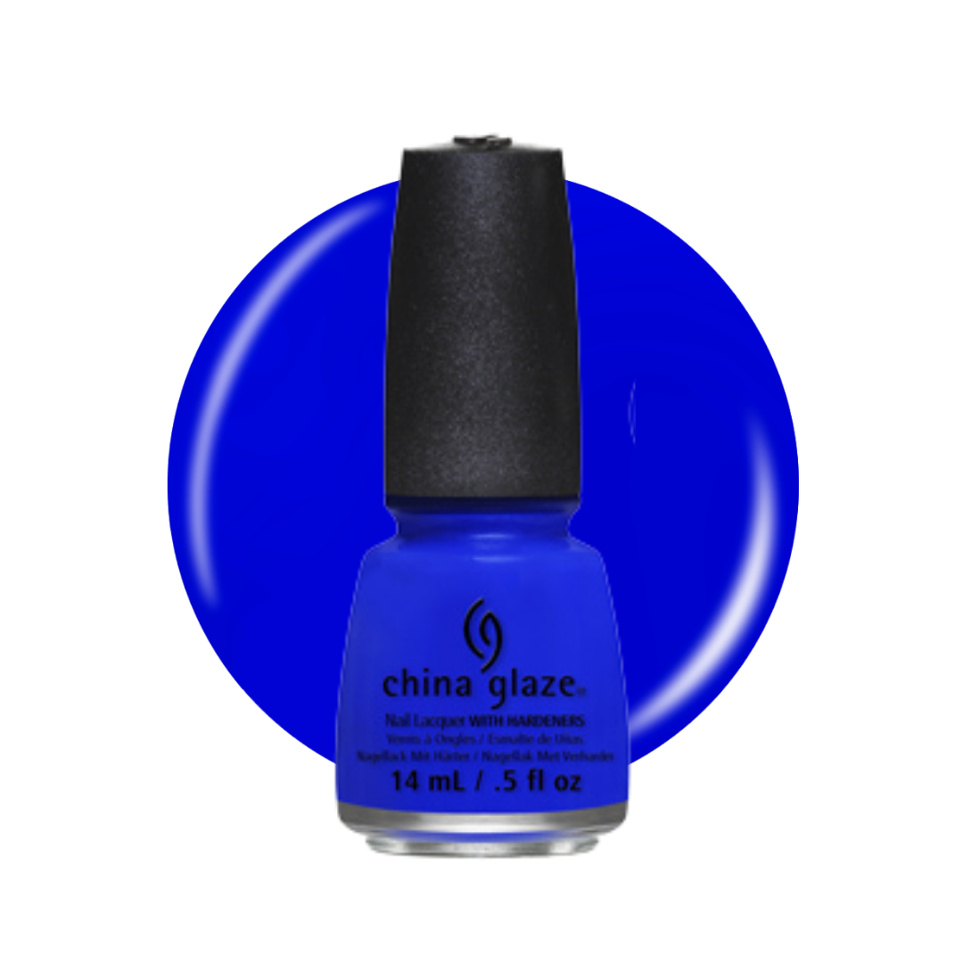 A bottle of China Glaze royal blue nail polish with a black cap, set against a matching blue circular background on a white studio backdrop.