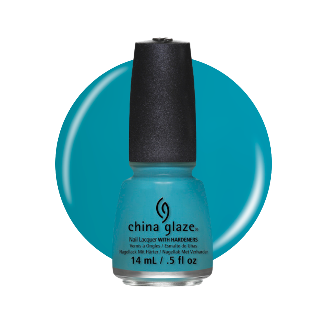 A bottle of China Glaze nail polish in a bright turquoise blue shade, shown against a white background with a matching turquoise circular color swatch behind it.