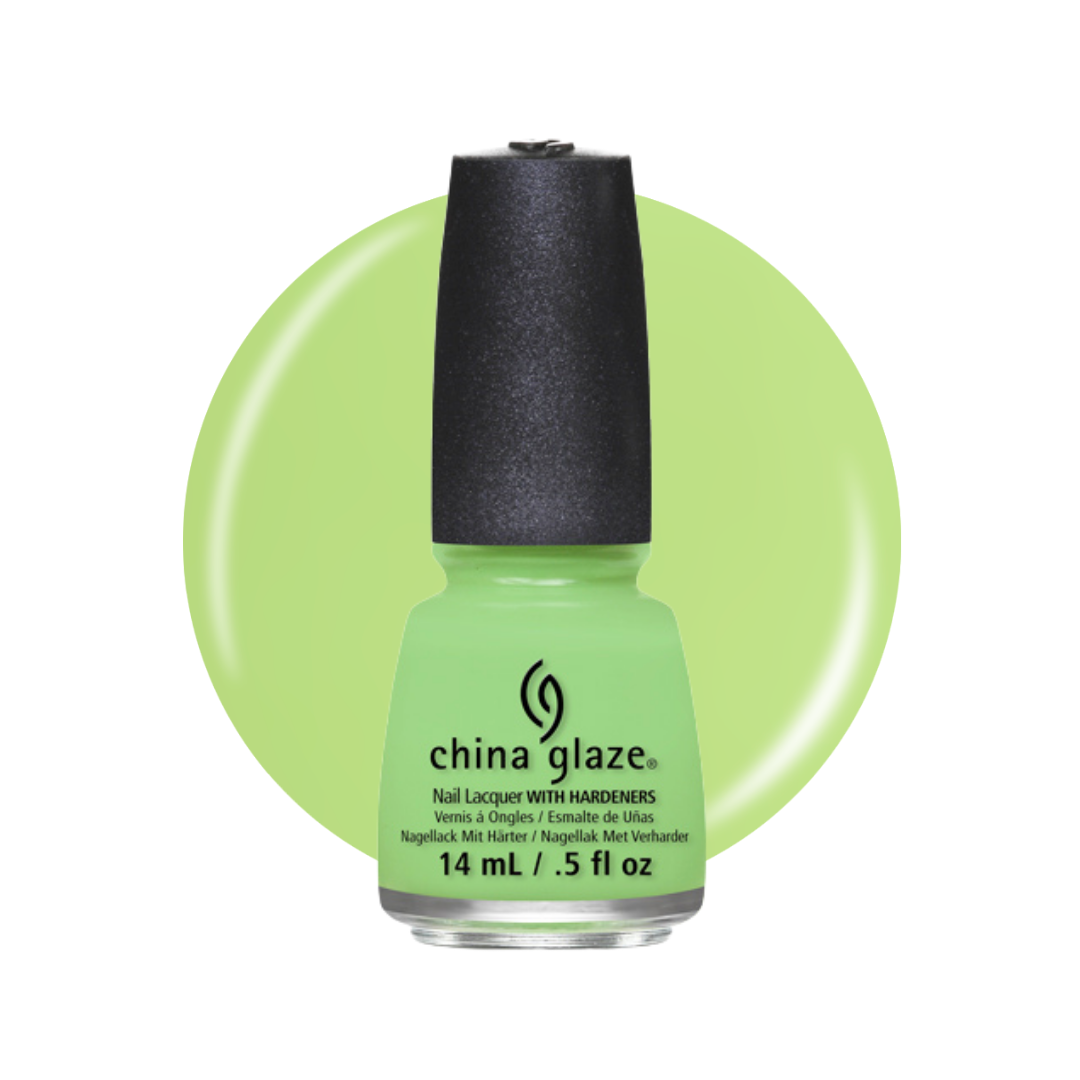 A bottle of China Glaze nail polish in a bright lime green shade, shown against a matching lime green circular color swatch on a white background.