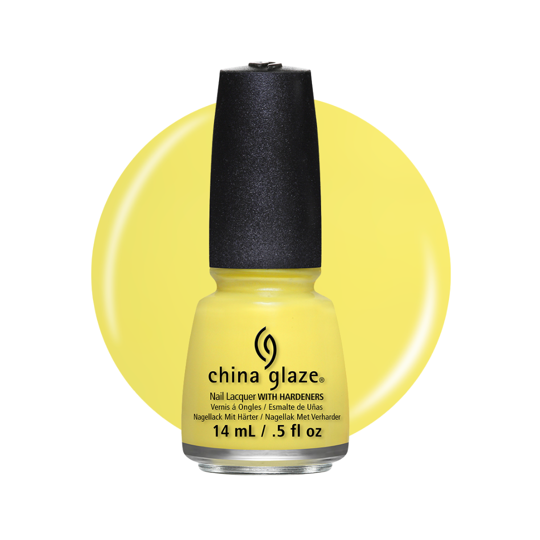 A bottle of China Glaze nail lacquer in a bright yellow shade, shown against a white background with a matching yellow circular color swatch behind it.