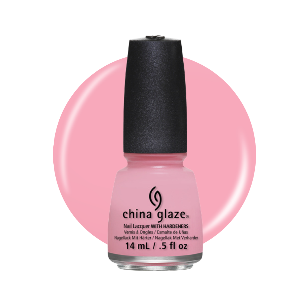 A bottle of China Glaze nail polish with hardeners in a light pink shade, shown against a white background with a large pink circular color swatch behind it.
