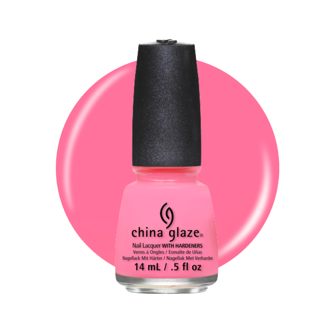 A bottle of China Glaze nail polish in a bright pink shade, shown against a white background with a large matching pink circular color swatch behind it.