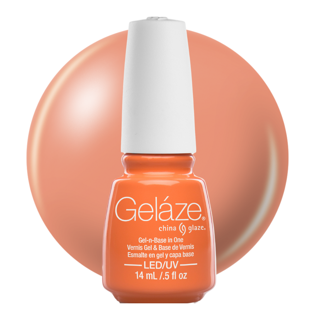 A bottle of Geláze China Glaze gel nail polish in a warm peach-orange shade, shown in front of a matching circular color swatch on a white background.
