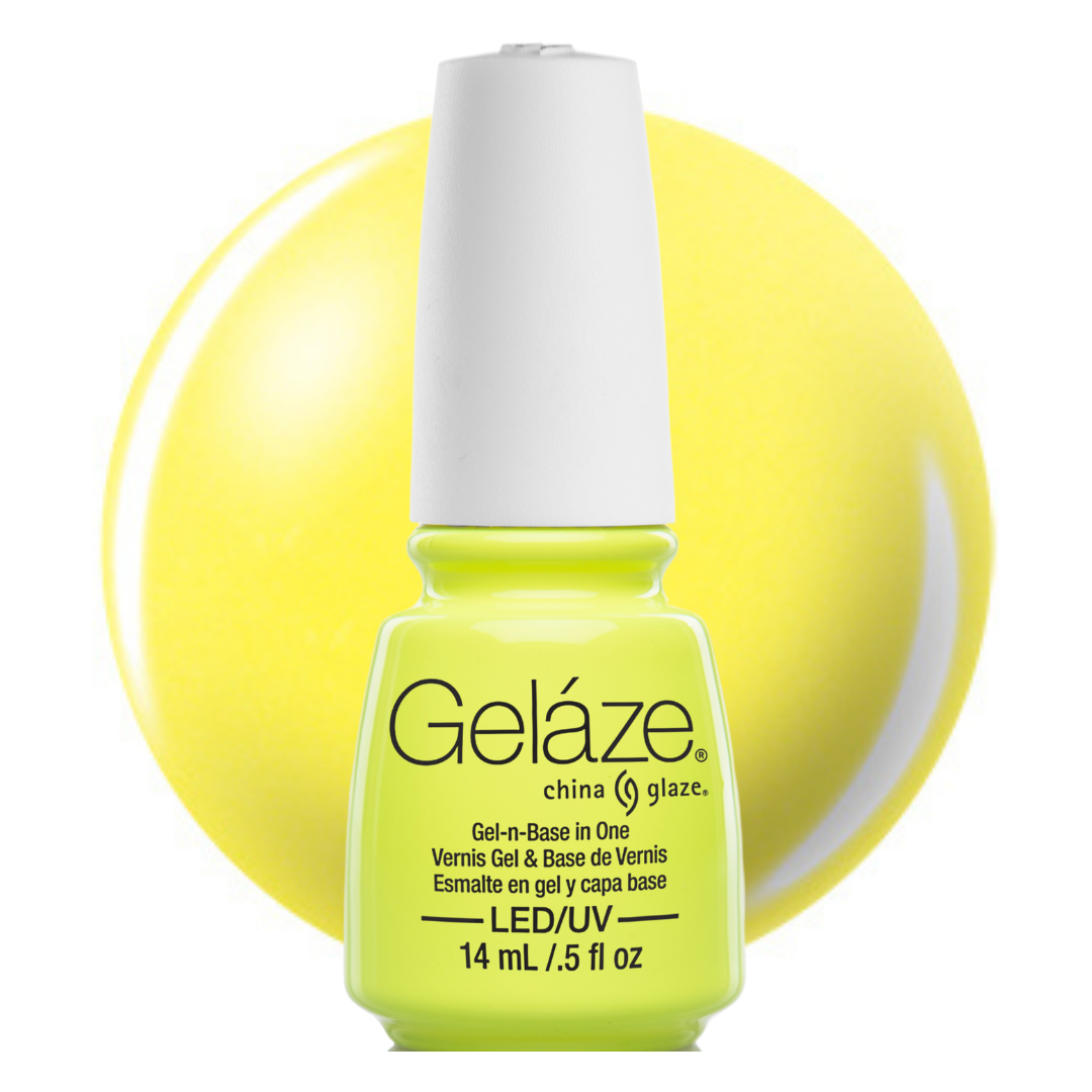A bottle of Geláze China Glaze LED gel nail polish in a bright neon yellow shade, shown against a matching yellow circular background on a white studio backdrop.