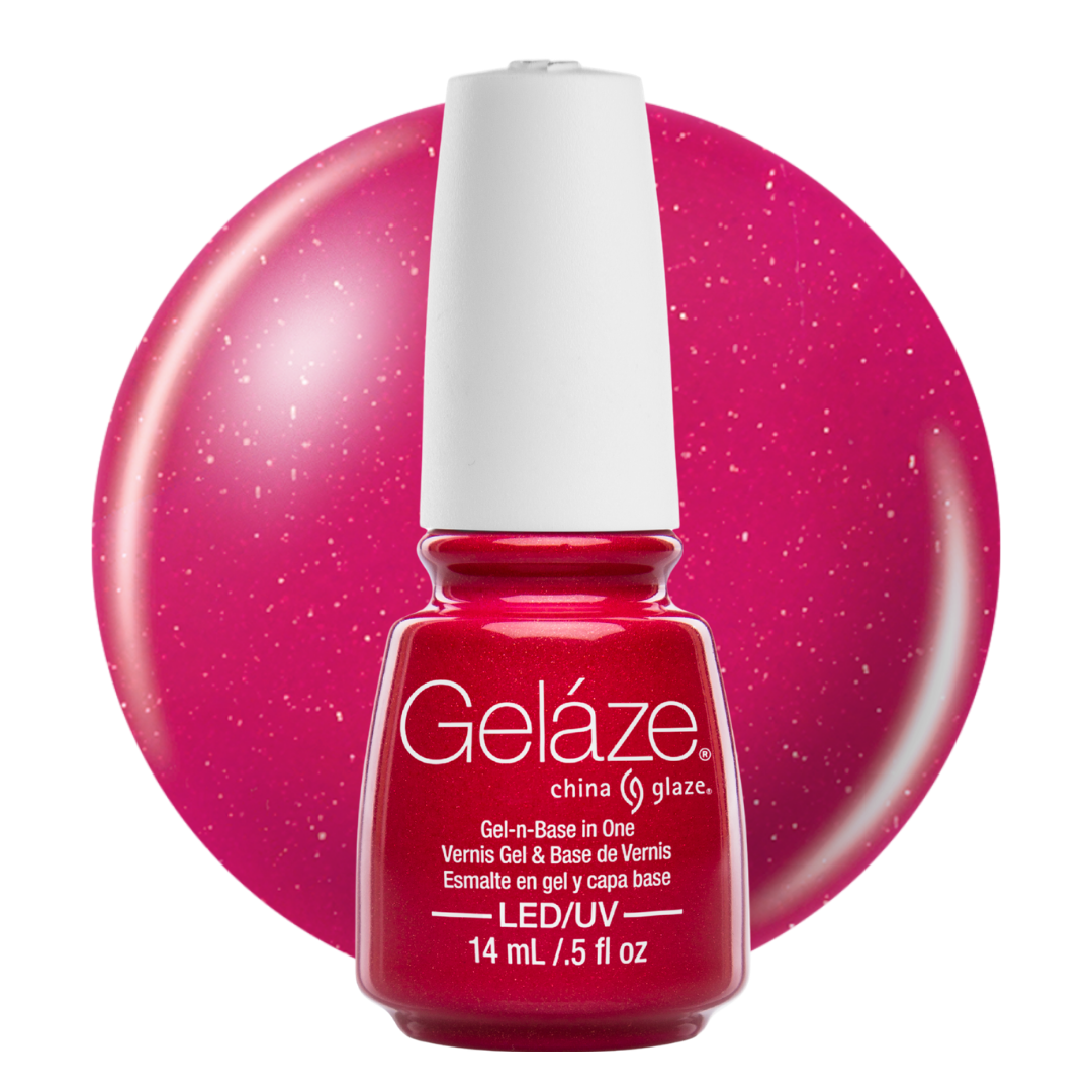 A bottle of Geláze China Glaze nail polish in a vibrant magenta-pink glitter shade, shown against a matching circular swatch on a white background.