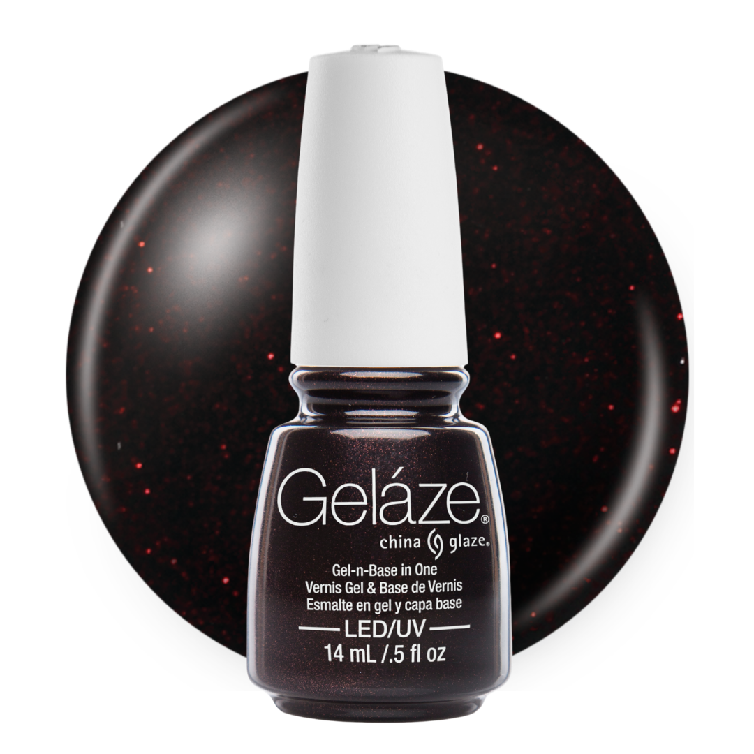 A bottle of Geláze China Glaze gel nail polish in a dark black base with red glitter shade, shown in front of a circular color swatch of the same dark black glitter polish on a white background.
