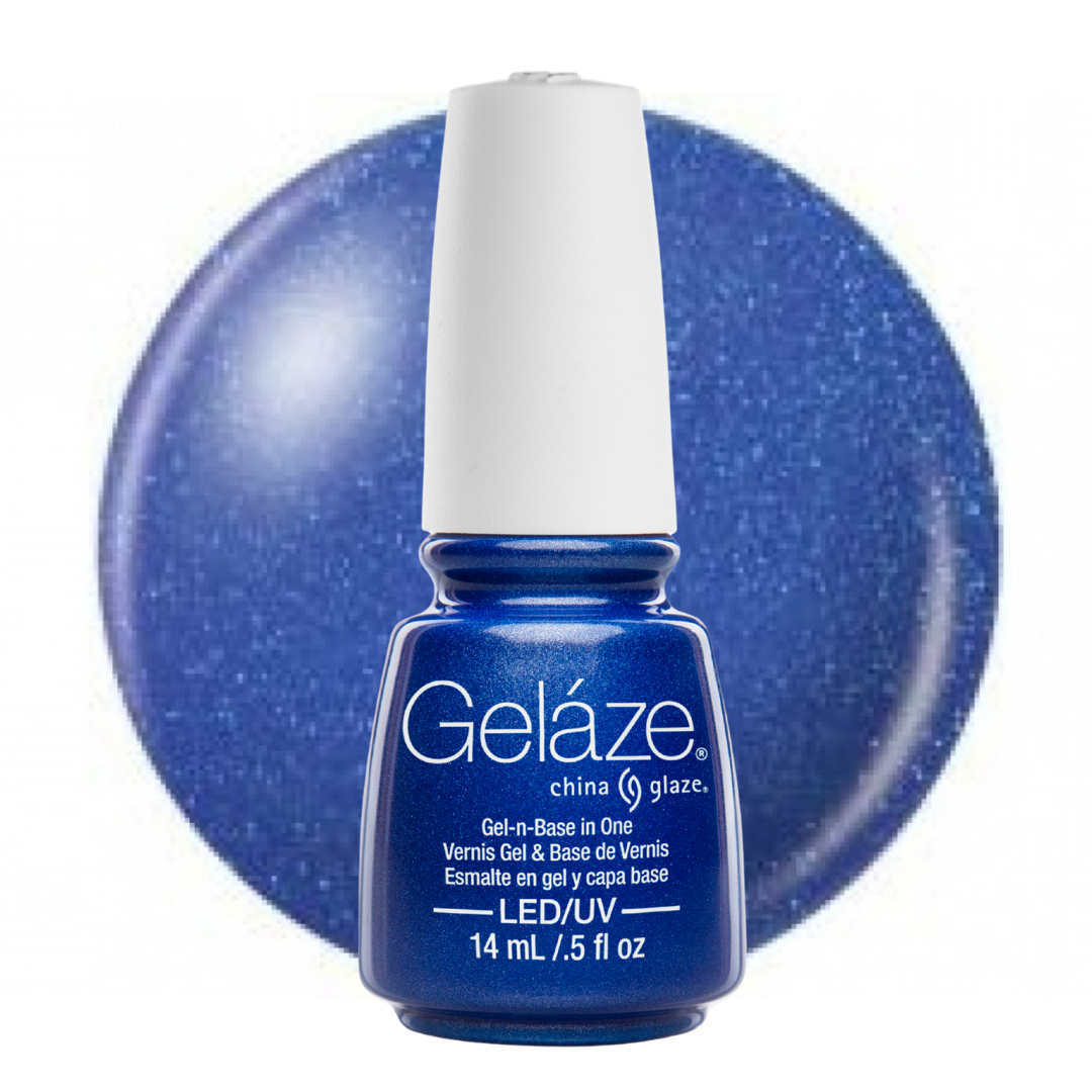 A bottle of Geláze China Glaze nail polish in a deep blue glitter shade, shown in front of a matching blue glitter color swatch on a white background.